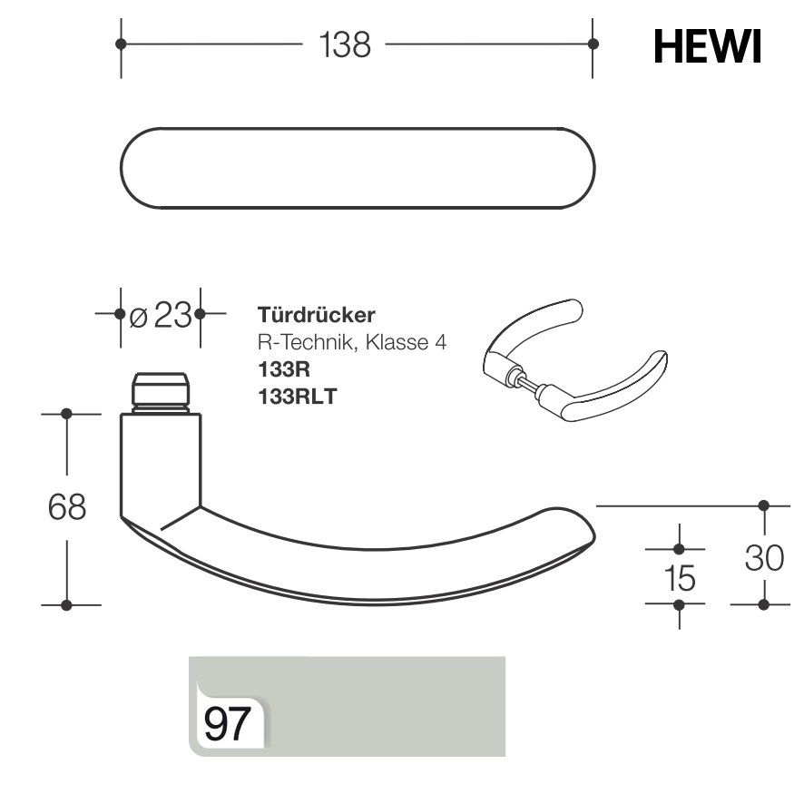 HEWI 133R Trdrcker,  23mm, durchg. Stahlkern, R-Technik, lichtgrau, VK8, TS38,1-48,0
